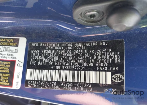 2016 Toyota Camry Se из США, поврежденный, VIN 4T1BF1FK8GU572731